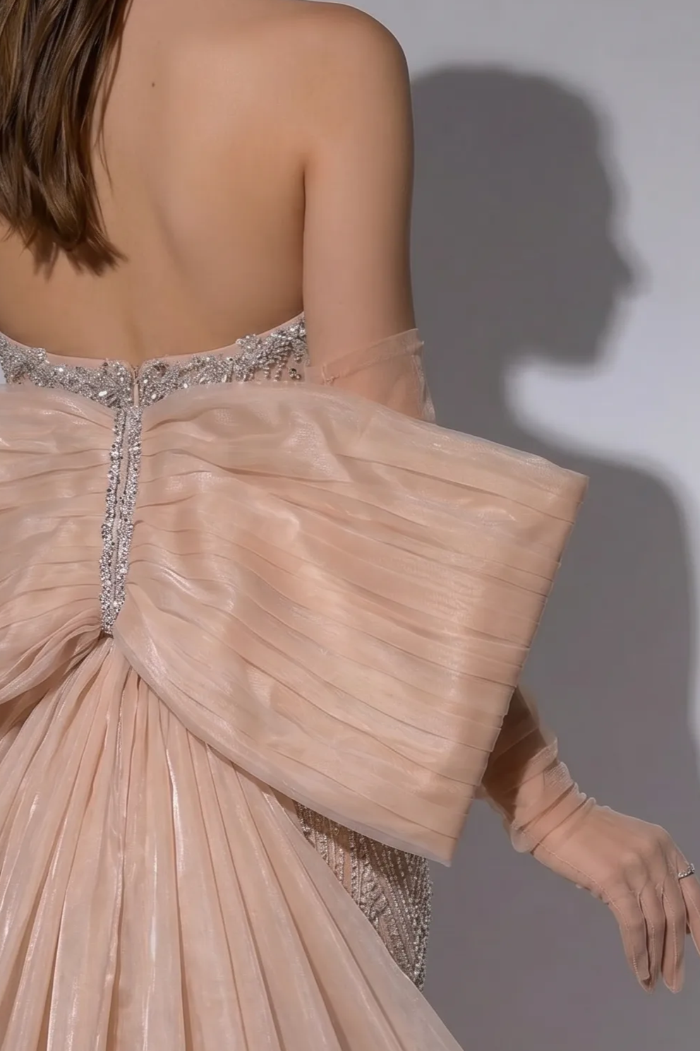 Champagne Mermaid Evening Gown with Oversized Bow Train, Sweetheart Neckline and Crystal Beading – Formal Dress Plus Size