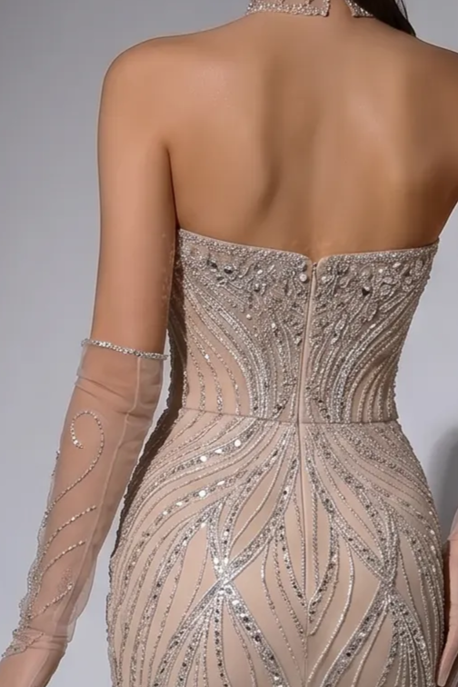 Champagne Mermaid Evening Gown with Strapless Sweetheart Neckline, Crystal Embellishments and Sheer Gloves – Formal Dress Plus Size