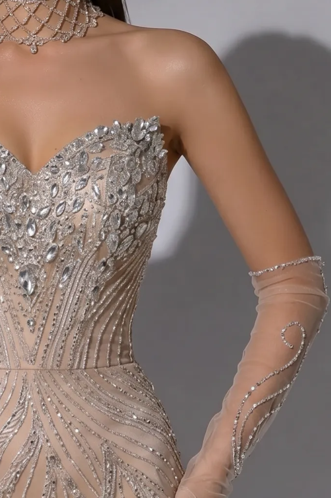 Champagne Mermaid Evening Gown with Strapless Sweetheart Neckline, Crystal Embellishments and Sheer Gloves – Formal Dress Plus Size