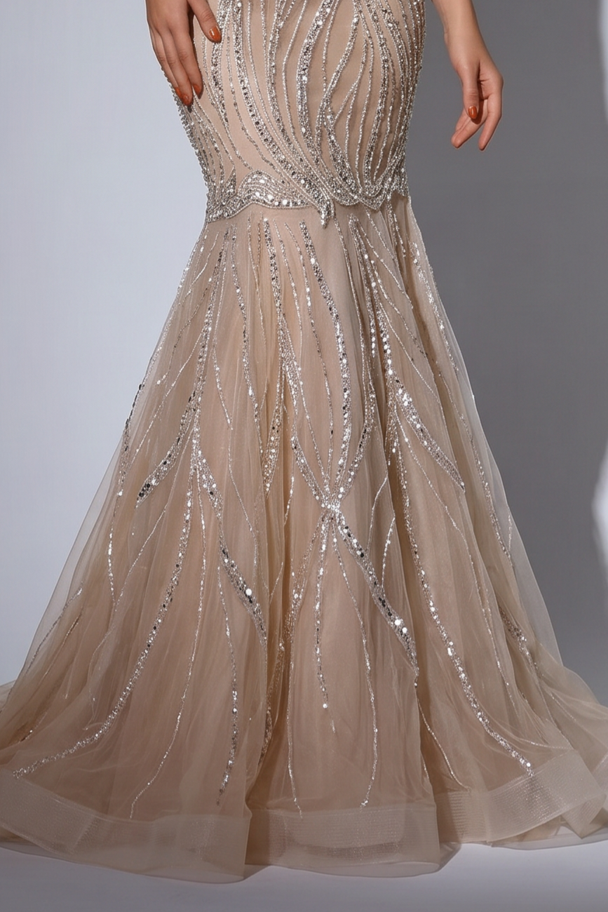 Champagne Mermaid Evening Gown with Strapless Sweetheart Neckline, Crystal Embellishments and Sheer Gloves – Formal Dress Plus Size