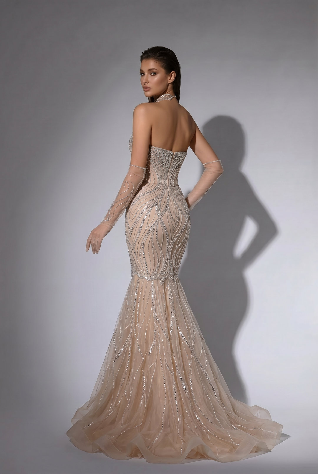 Champagne Mermaid Evening Gown with Strapless Sweetheart Neckline, Crystal Embellishments and Sheer Gloves – Formal Dress Plus Size