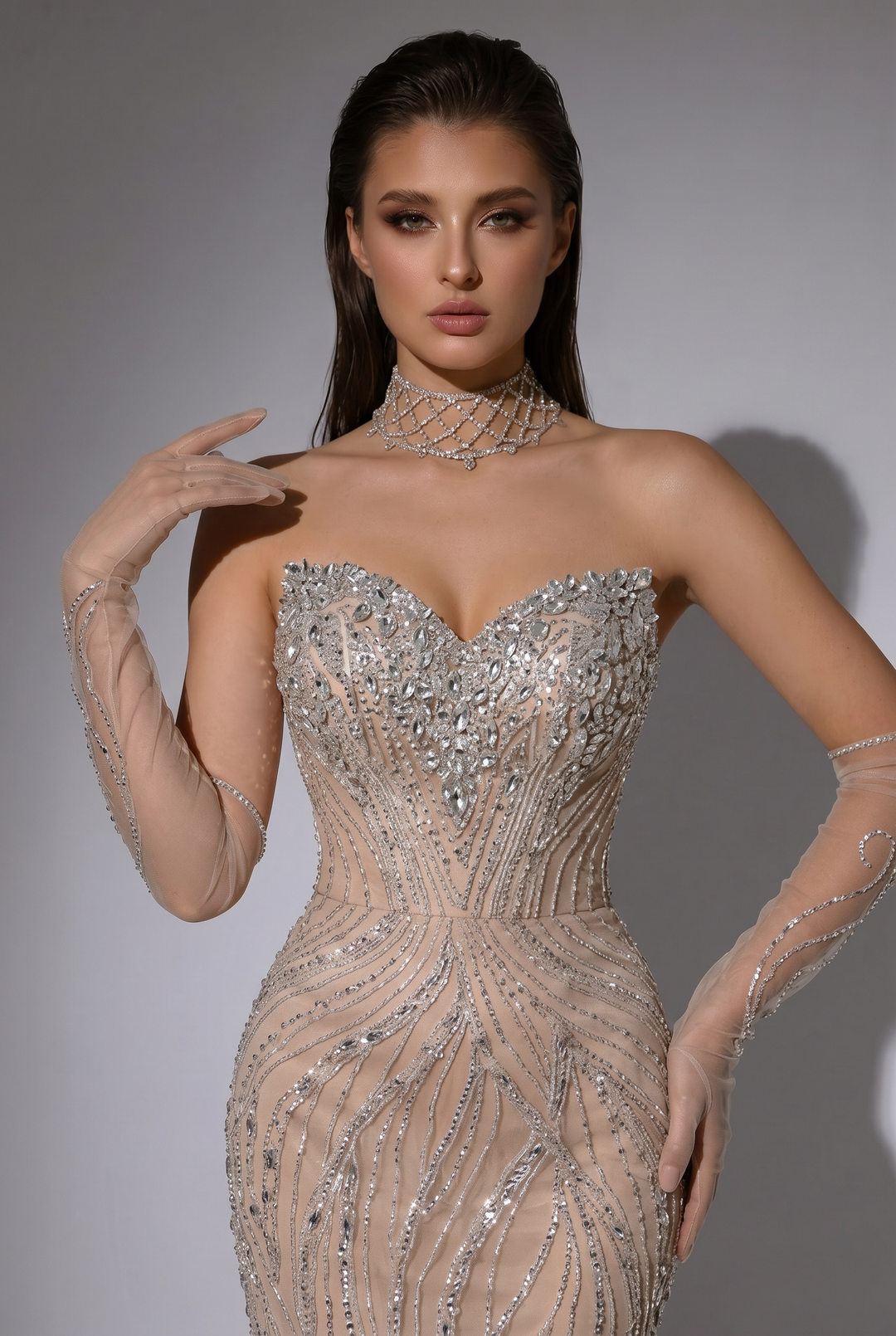 Champagne Mermaid Evening Gown with Strapless Sweetheart Neckline, Crystal Embellishments and Sheer Gloves – Formal Dress Plus Size