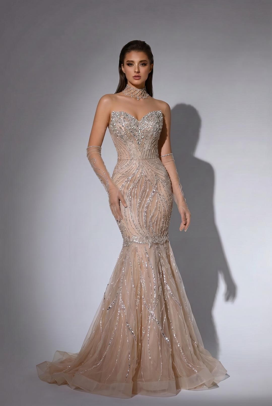 Champagne Mermaid Evening Gown with Strapless Sweetheart Neckline, Crystal Embellishments and Sheer Gloves – Formal Dress Plus Size