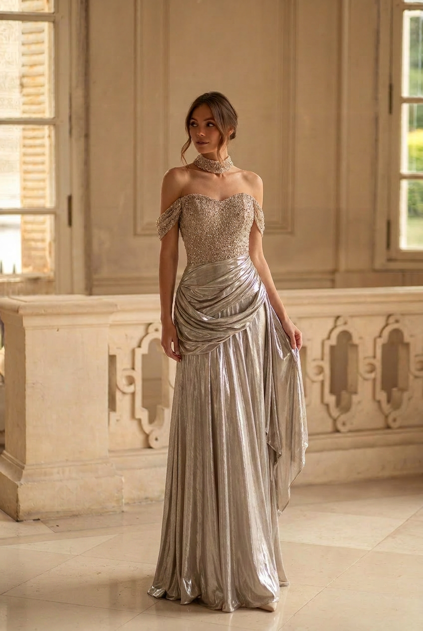 Champagne Metallic Satin Evening Gown with Off-Shoulder Draped Bodice and Lace-Up Corset Back Elegant Formal Dress Plus Size