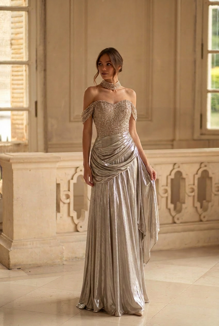 Champagne Metallic Satin Evening Gown with Off-Shoulder Draped Bodice and Lace-Up Corset Back Elegant Formal Dress Plus Size