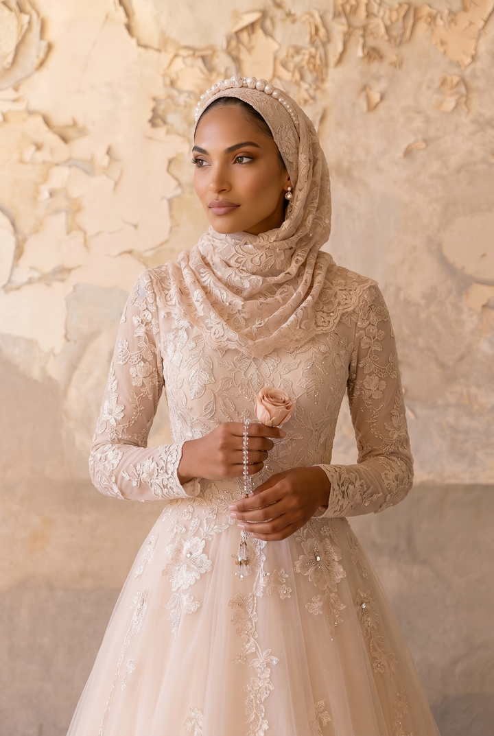 Champagne Modest Luxury Wedding Dress with High Neck - Long Lace Sleeves and A-Line Tulle Skirt – Elegant Bridal Gown Plus Size