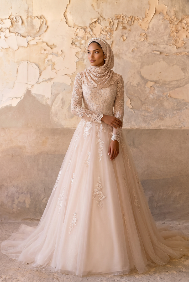 Champagne Modest Luxury Wedding Dress with High Neck - Long Lace Sleeves and A-Line Tulle Skirt – Elegant Bridal Gown Plus Size