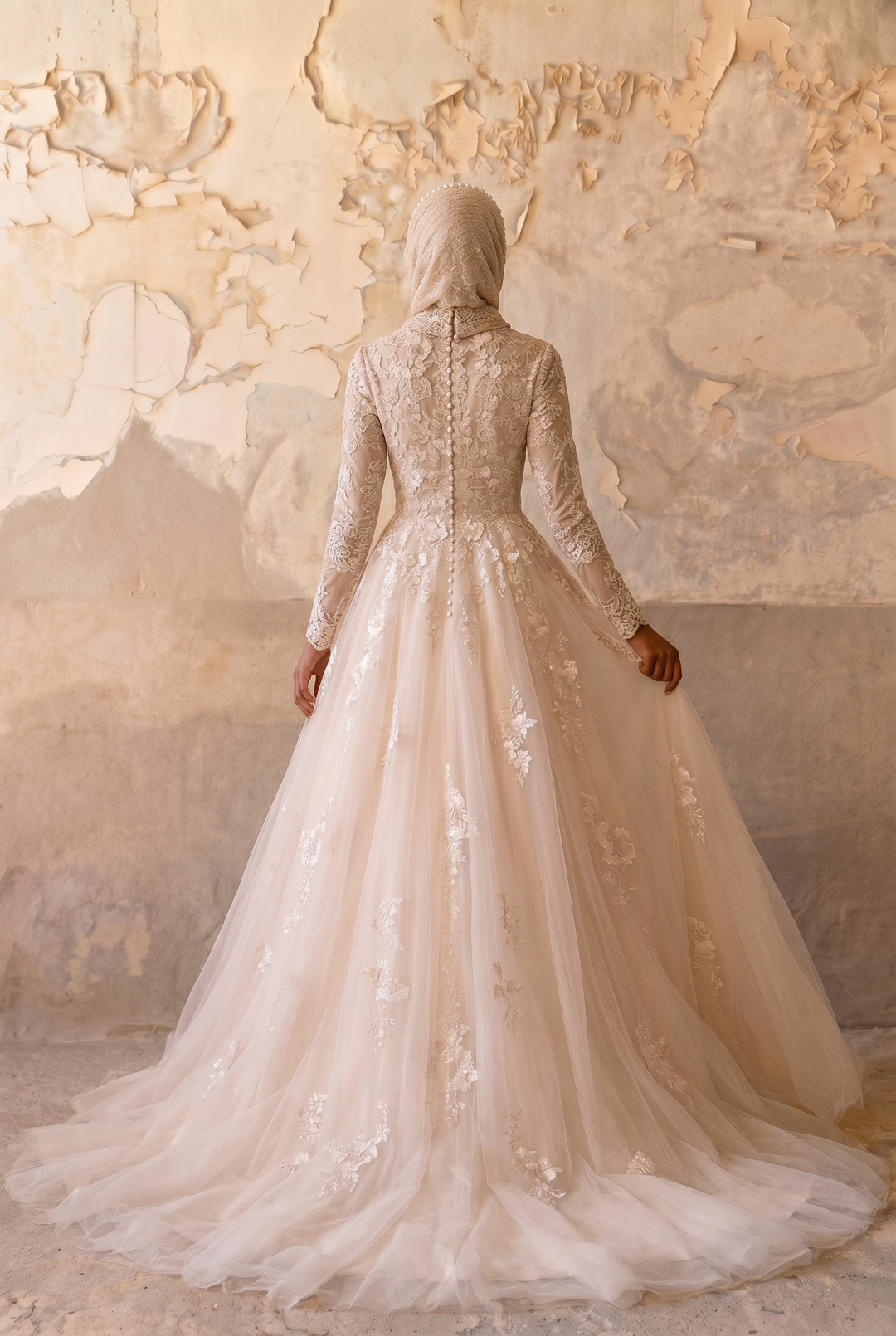 Champagne Modest Luxury Wedding Dress with High Neck - Long Lace Sleeves and A-Line Tulle Skirt – Elegant Bridal Gown Plus Size