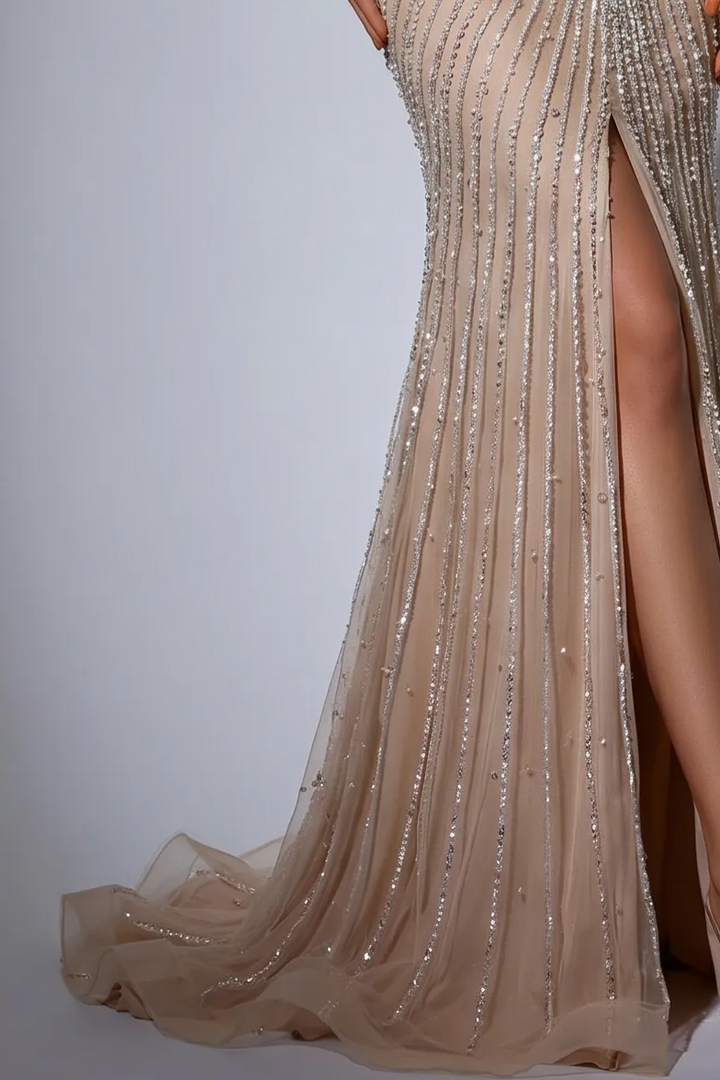 Champagne Off-the-Shoulder Mermaid Evening Gown with Beaded Corset, High Slit and Illusion Gloves – Formal Dress Plus Size