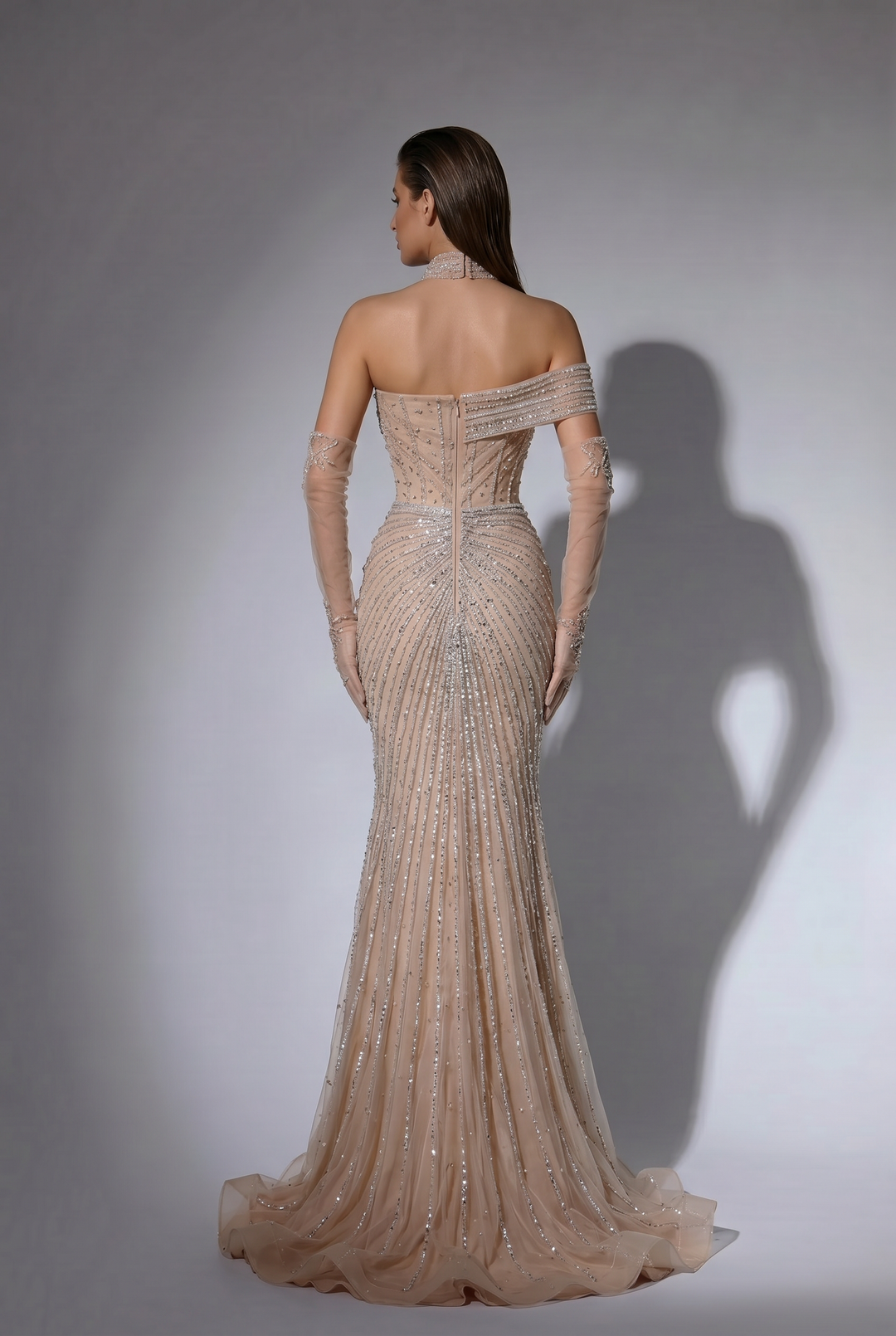 Champagne Off-the-Shoulder Mermaid Evening Gown with Beaded Corset, High Slit and Illusion Gloves – Formal Dress Plus Size