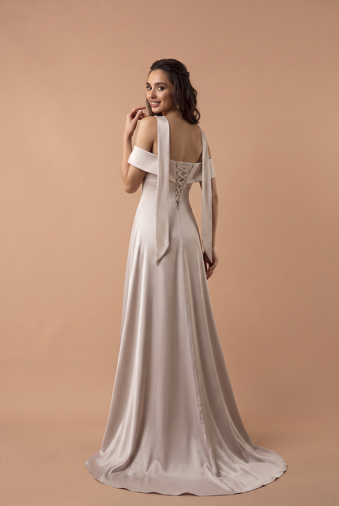 Champagne Off Shoulder Satin Mermaid Wedding Dress with Choker Plus Size