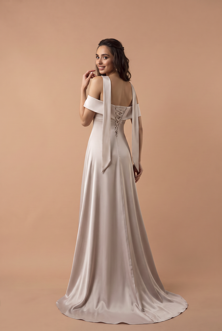 Champagne Off Shoulder Satin Mermaid Wedding Dress with Choker Plus Size