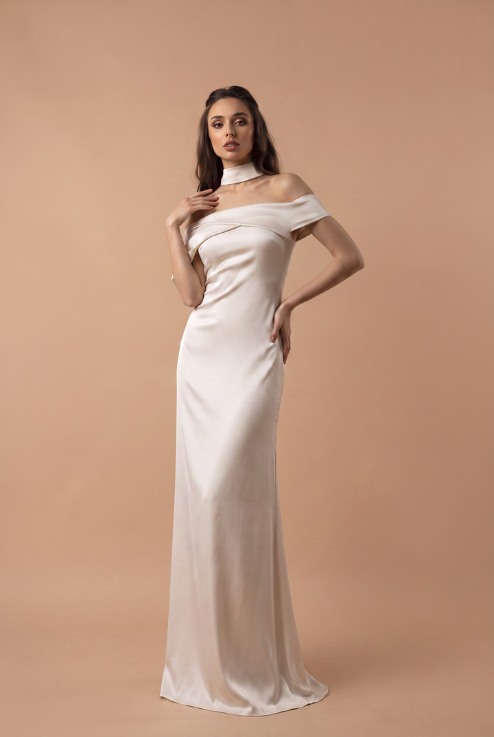 Champagne Off Shoulder Satin Mermaid Wedding Dress with Choker Plus Size
