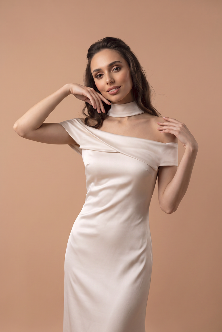 Champagne Off Shoulder Satin Mermaid Wedding Dress with Choker Plus Size