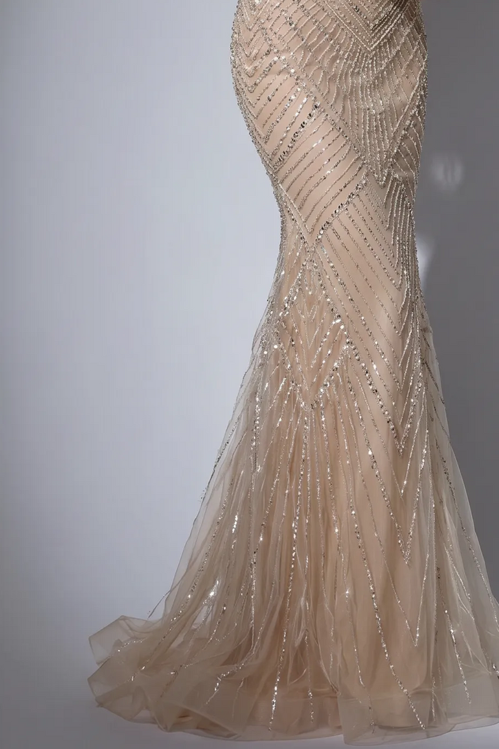 Champagne One-Shoulder Mermaid Evening Gown with Crystal Beading, Illusion Sleeve and Embellished Choker Plus Size