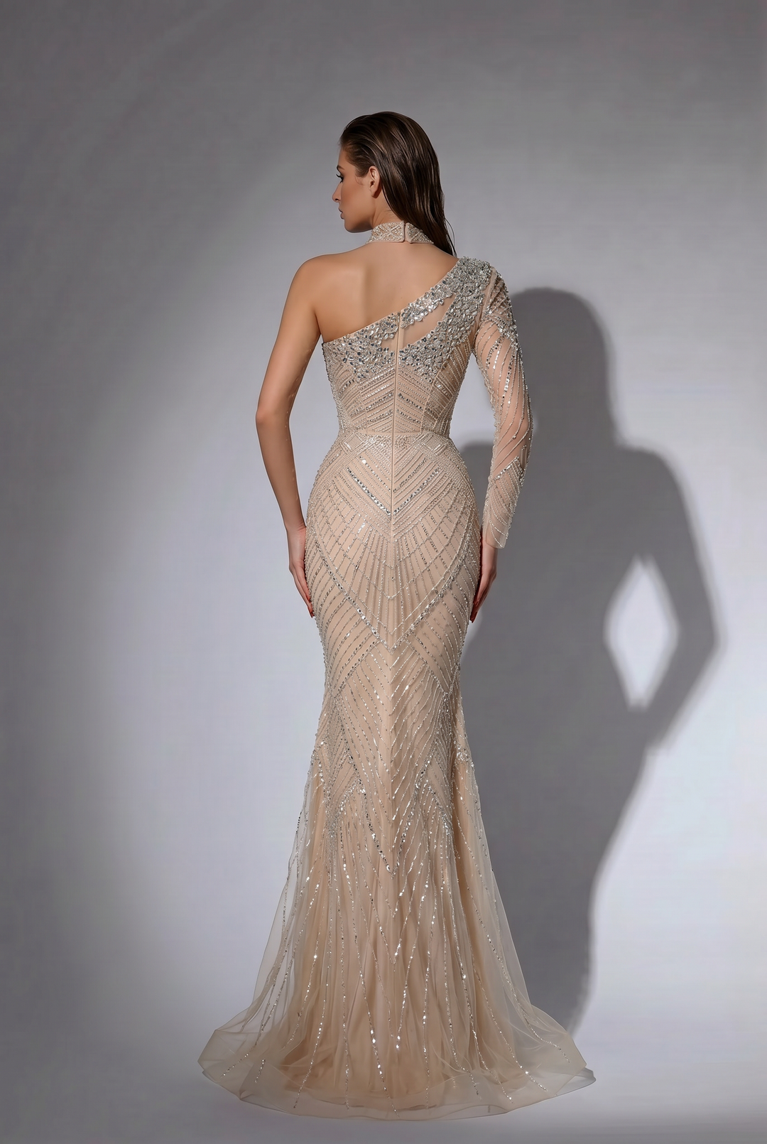 Champagne One-Shoulder Mermaid Evening Gown with Crystal Beading, Illusion Sleeve and Embellished Choker Plus Size