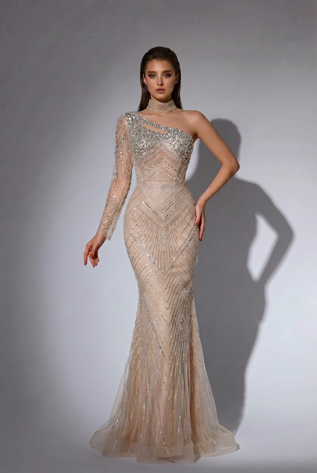 Champagne One-Shoulder Mermaid Evening Gown with Crystal Beading, Illusion Sleeve and Embellished Choker Plus Size