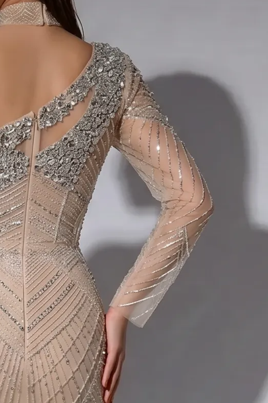 Champagne One-Shoulder Mermaid Evening Gown with Crystal Beading, Illusion Sleeve and Embellished Choker Plus Size