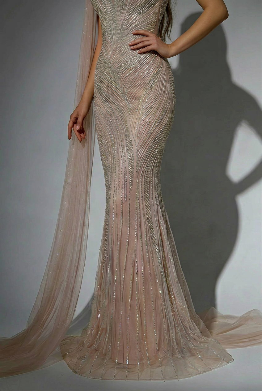 Champagne One Shoulder Sequin Evening Dress with Draped Tulle Sleeve – Sparkly Maxi Dress Plus Size