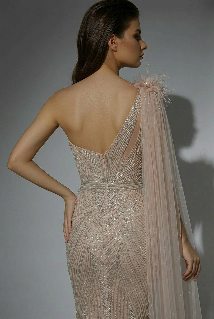 Champagne One Shoulder Sequin Evening Dress with Draped Tulle Sleeve – Sparkly Maxi Dress Plus Size