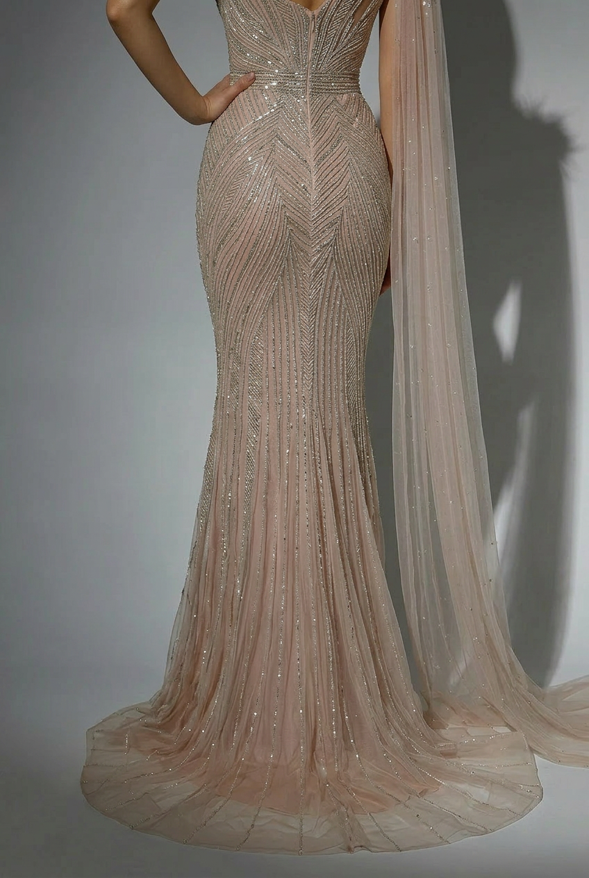 Champagne One Shoulder Sequin Evening Dress with Draped Tulle Sleeve – Sparkly Maxi Dress Plus Size