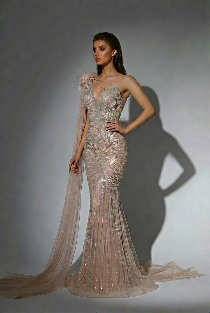 Champagne One Shoulder Sequin Evening Dress with Draped Tulle Sleeve – Sparkly Maxi Dress Plus Size