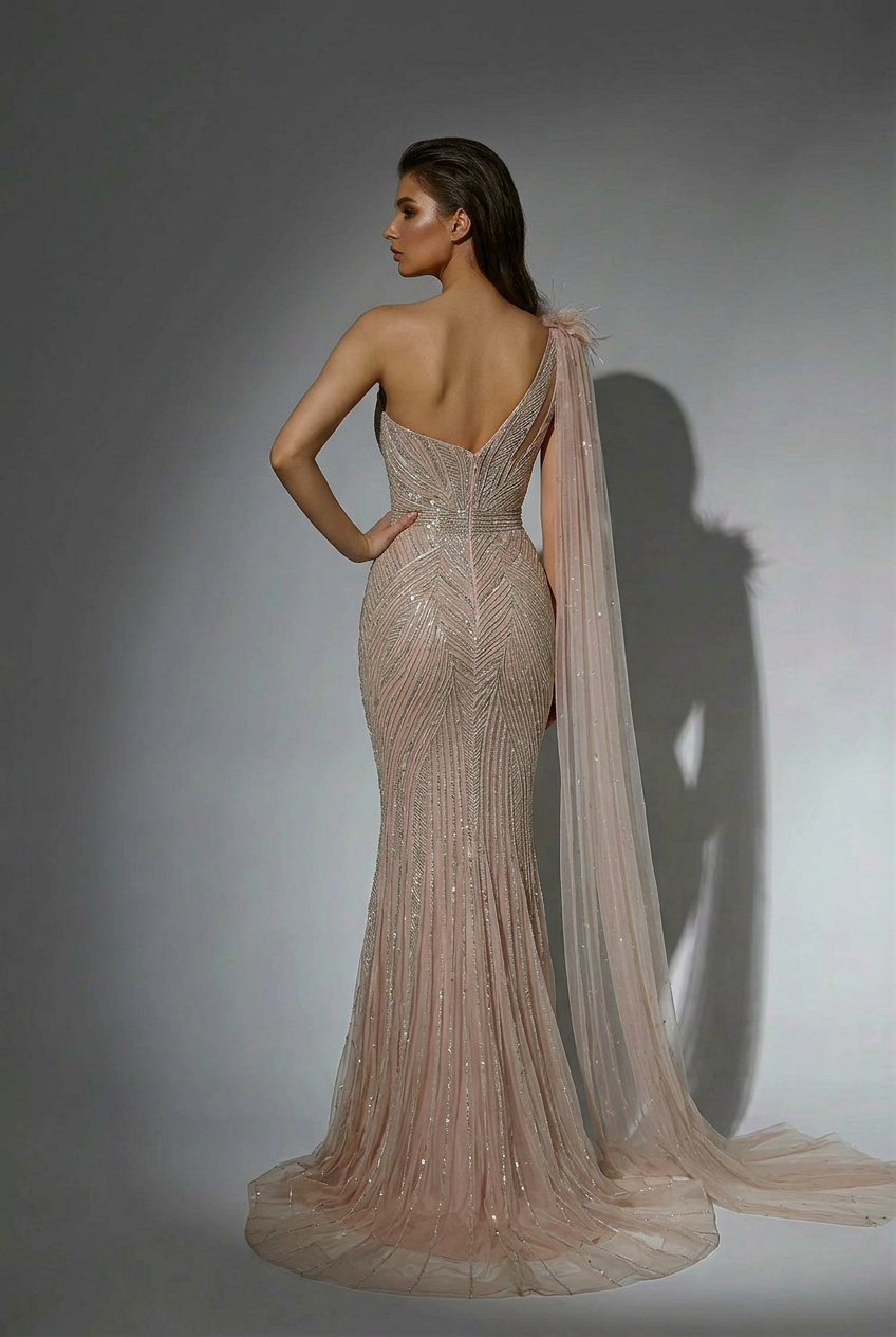 Champagne One Shoulder Sequin Evening Dress with Draped Tulle Sleeve – Sparkly Maxi Dress Plus Size