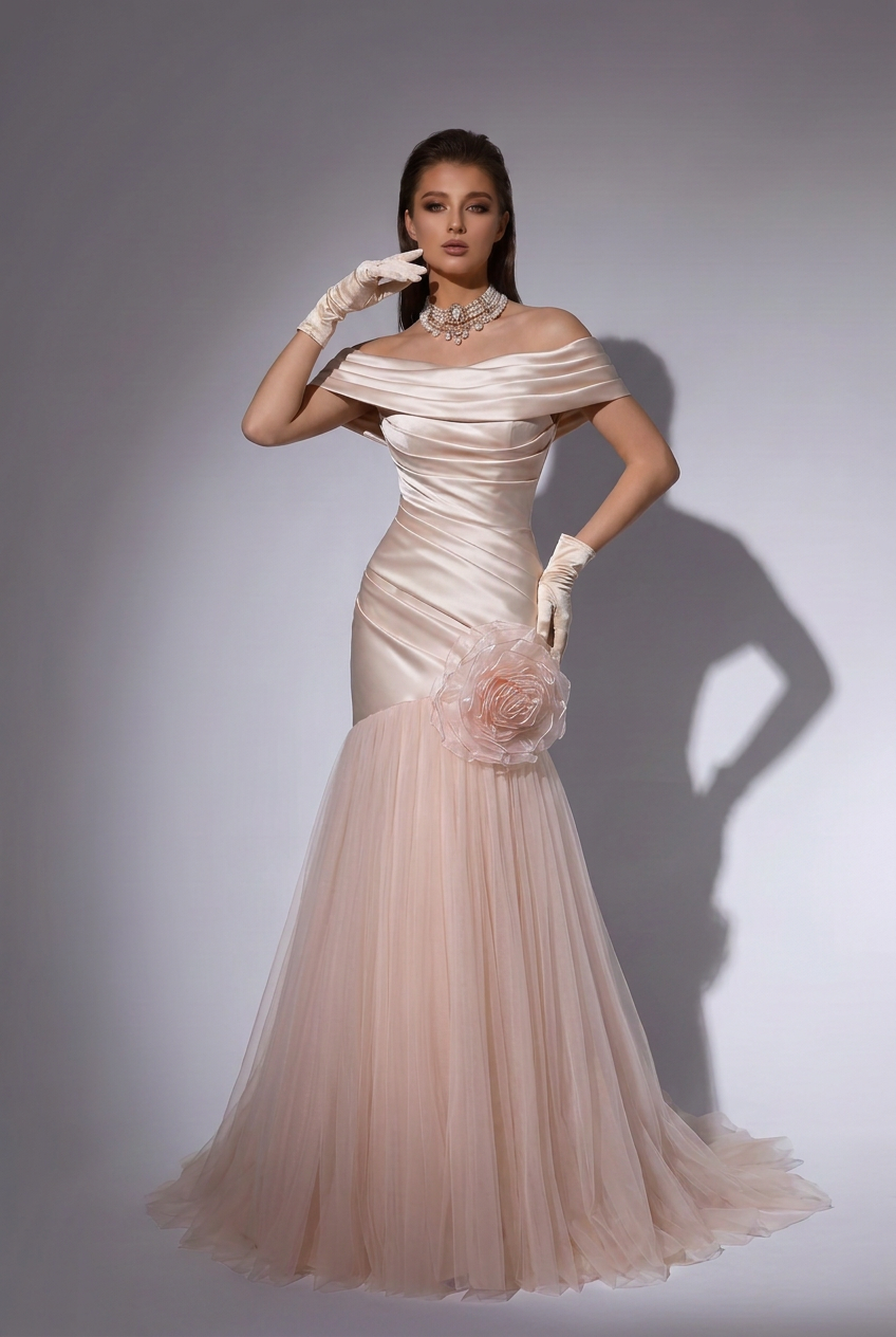 Champagne Pink Off-the-Shoulder Mermaid Evening Gown with Organza Rose and Tulle Skirt – Luxury Satin Formal Dress Plus Size