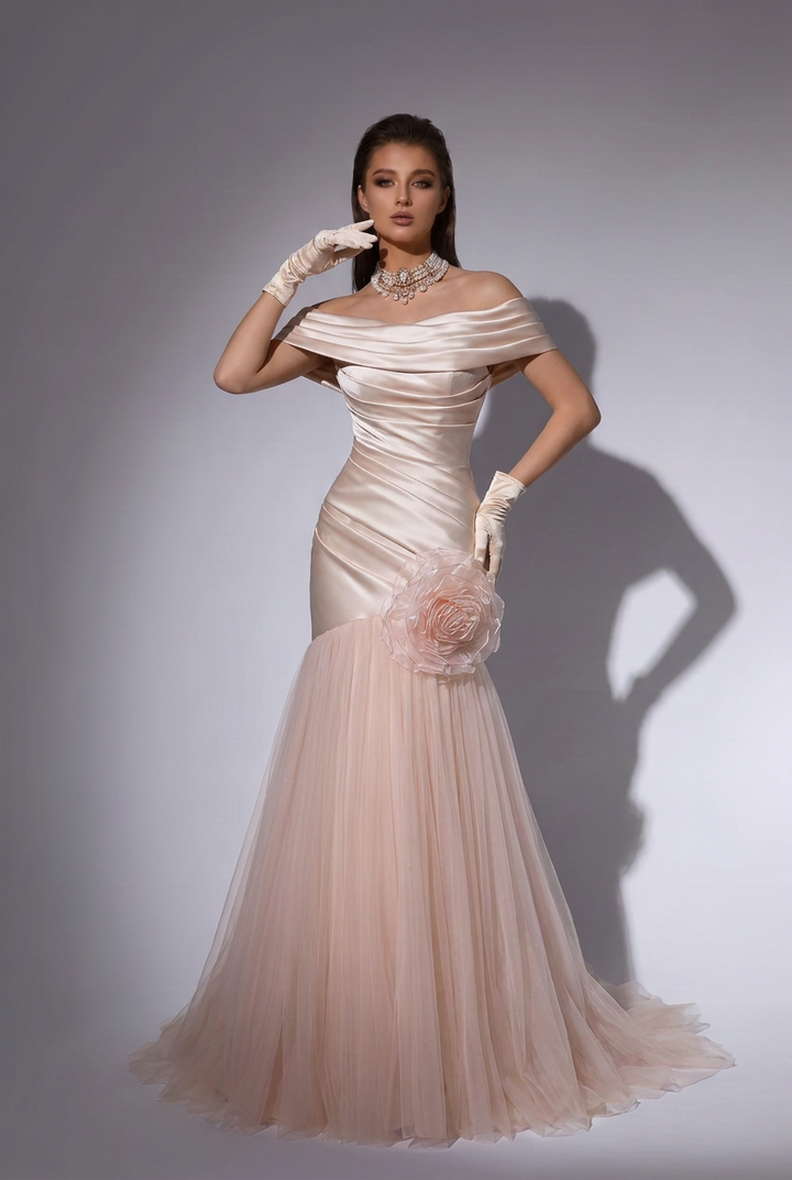 Champagne Pink Off-the-Shoulder Mermaid Evening Gown with Organza Rose and Tulle Skirt – Luxury Satin Formal Dress Plus Size