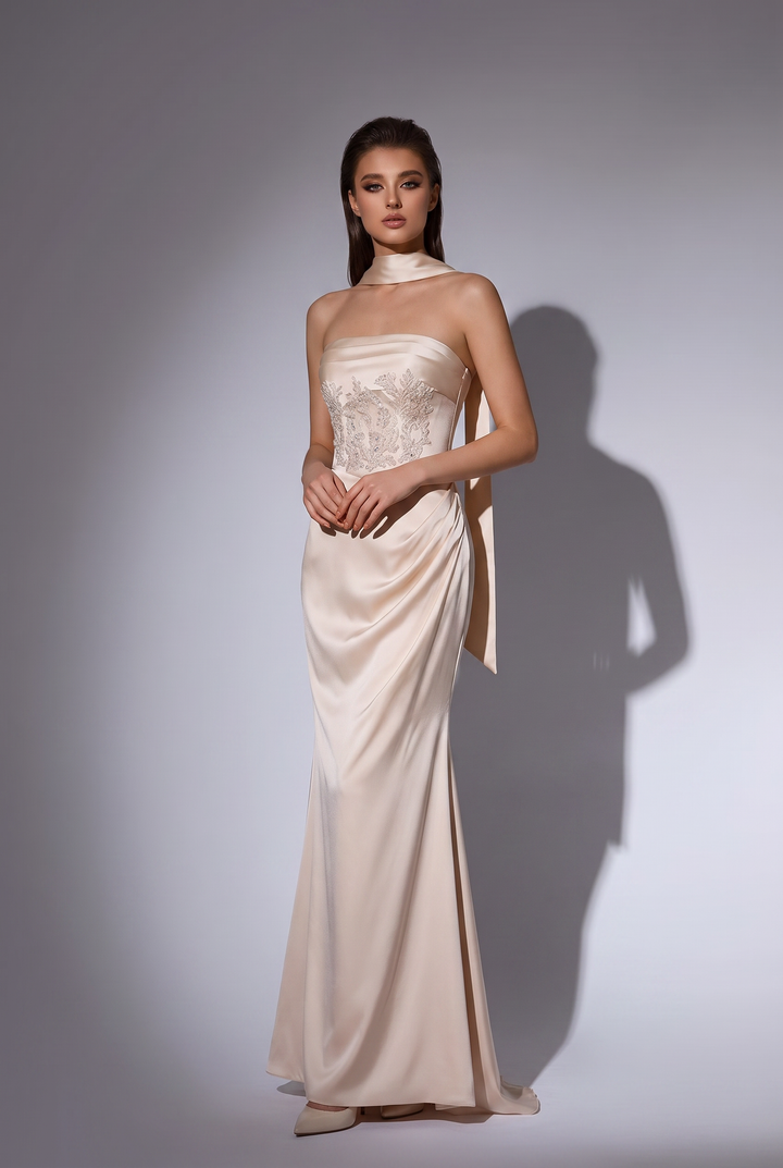 Champagne Satin Mermaid Dress with Strapless Draped Bodice and Embroidered Corset Plus Size