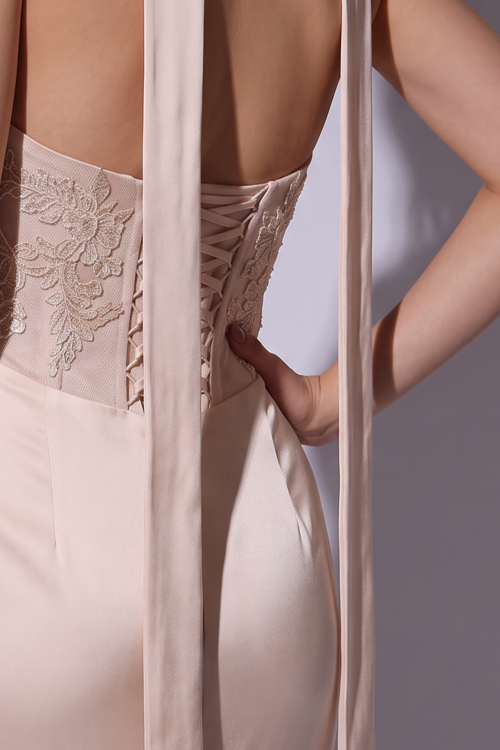 Champagne Satin Mermaid Dress with Strapless Draped Bodice and Embroidered Corset Plus Size