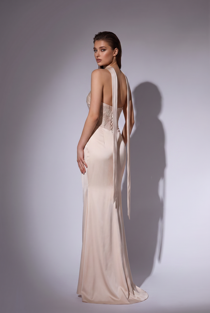 Champagne Satin Mermaid Dress with Strapless Draped Bodice and Embroidered Corset Plus Size