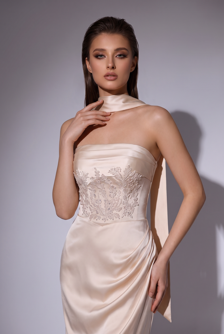 Champagne Satin Mermaid Dress with Strapless Draped Bodice and Embroidered Corset Plus Size