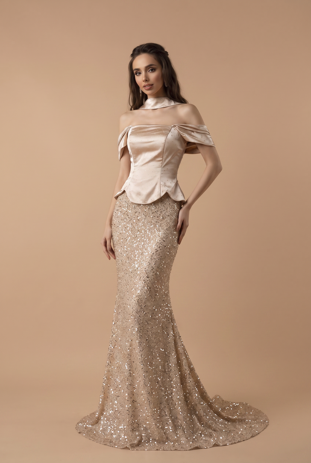 Champagne Sequin Mermaid Dress with Off-Shoulder Satin Corset Bodice and Draped Train Plus Size