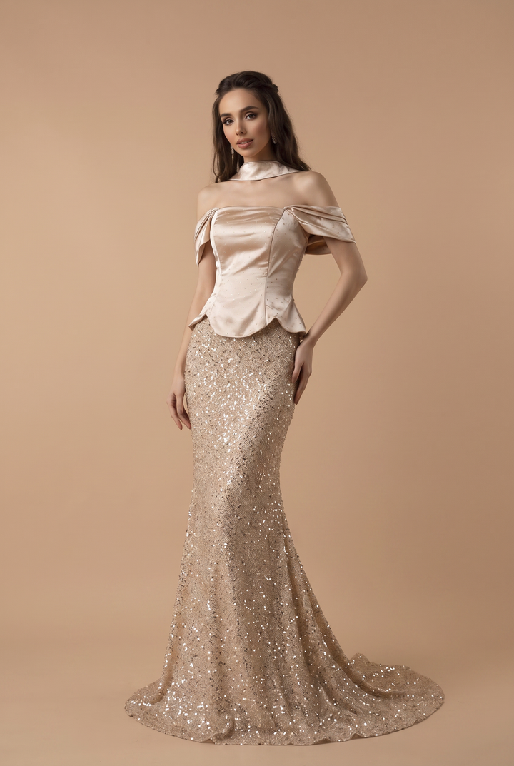 Champagne Sequin Mermaid Dress with Off-Shoulder Satin Corset Bodice and Draped Train Plus Size