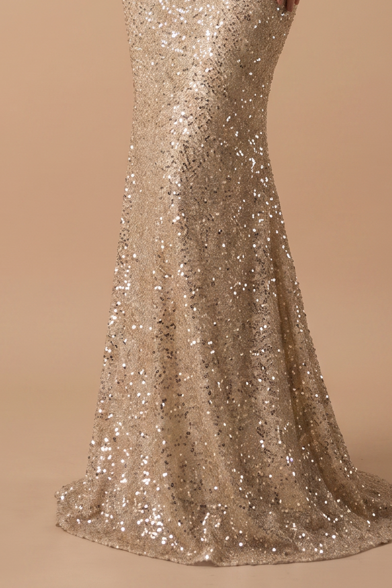 Champagne Sequin Mermaid Dress with Off-Shoulder Satin Corset Bodice and Draped Train Plus Size