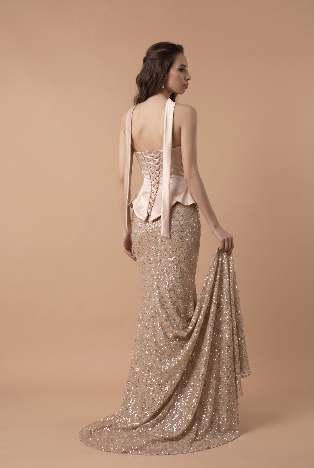 Champagne Sequin Mermaid Dress with Off-Shoulder Satin Corset Bodice and Draped Train Plus Size