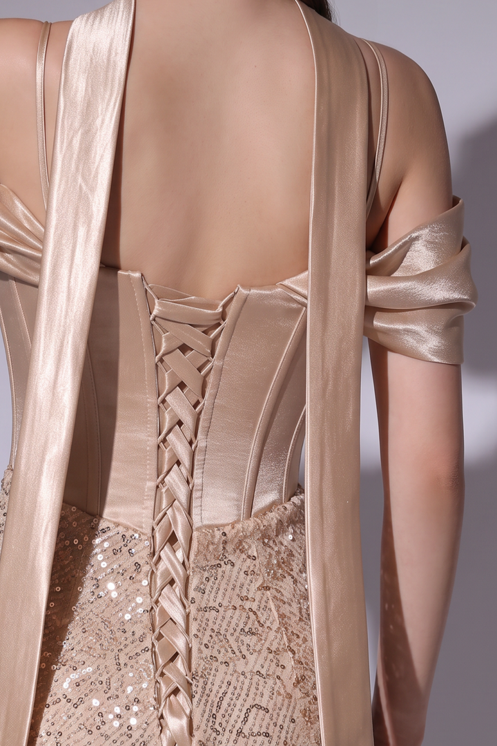 Champagne Sequin Mermaid Dress with Off-Shoulder Satin Draping, Corset Bodice and Draped Waist Detail Plus Size