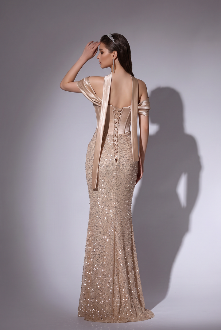 Champagne Sequin Mermaid Dress with Off-Shoulder Satin Draping, Corset Bodice and Draped Waist Detail Plus Size