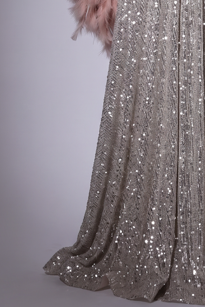 Champagne Sequin and Feather Dress - Designer Sequin Gown - Convertible Dress with Embellished Bodice Plus Size