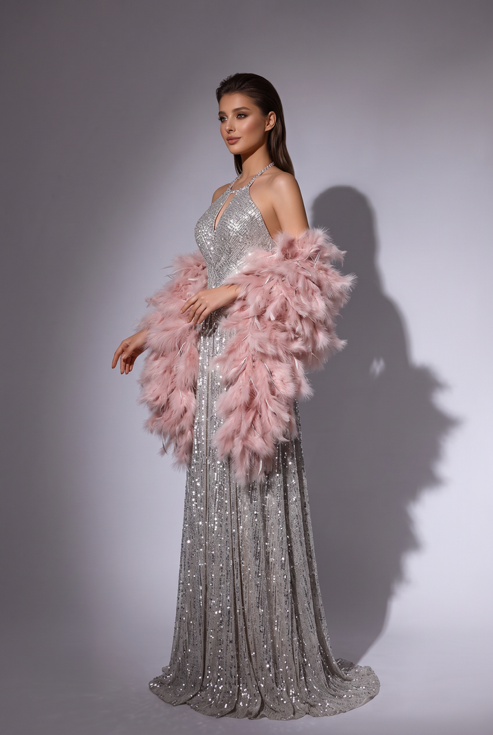 Champagne Sequin and Feather Dress - Designer Sequin Gown - Convertible Dress with Embellished Bodice Plus Size