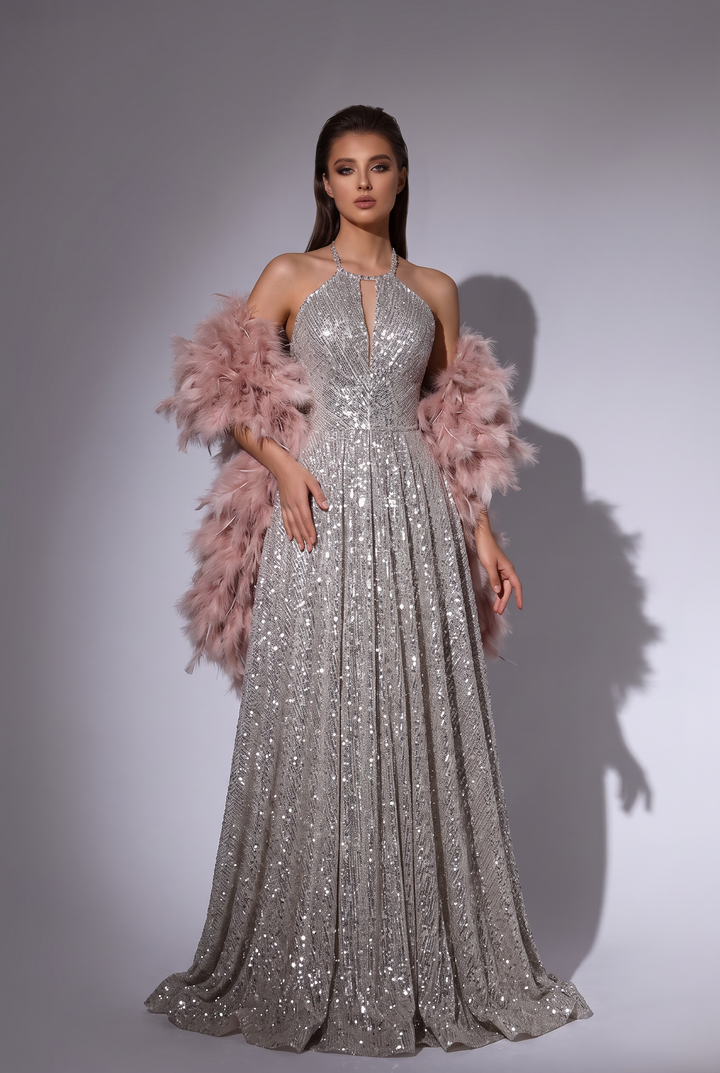 Champagne Sequin and Feather Dress - Designer Sequin Gown - Convertible Dress with Embellished Bodice Plus Size