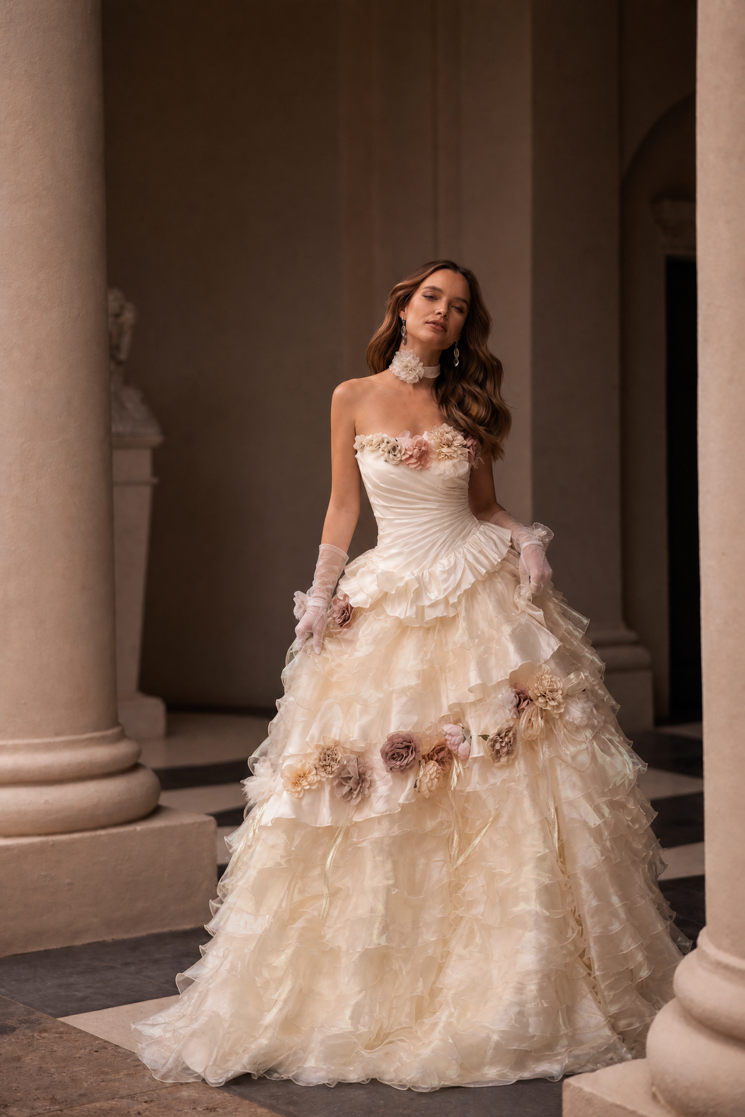 Champagne Tulle Evening Dress with Floral Appliqué and Layered Ruffle Ball Gown Plus Size