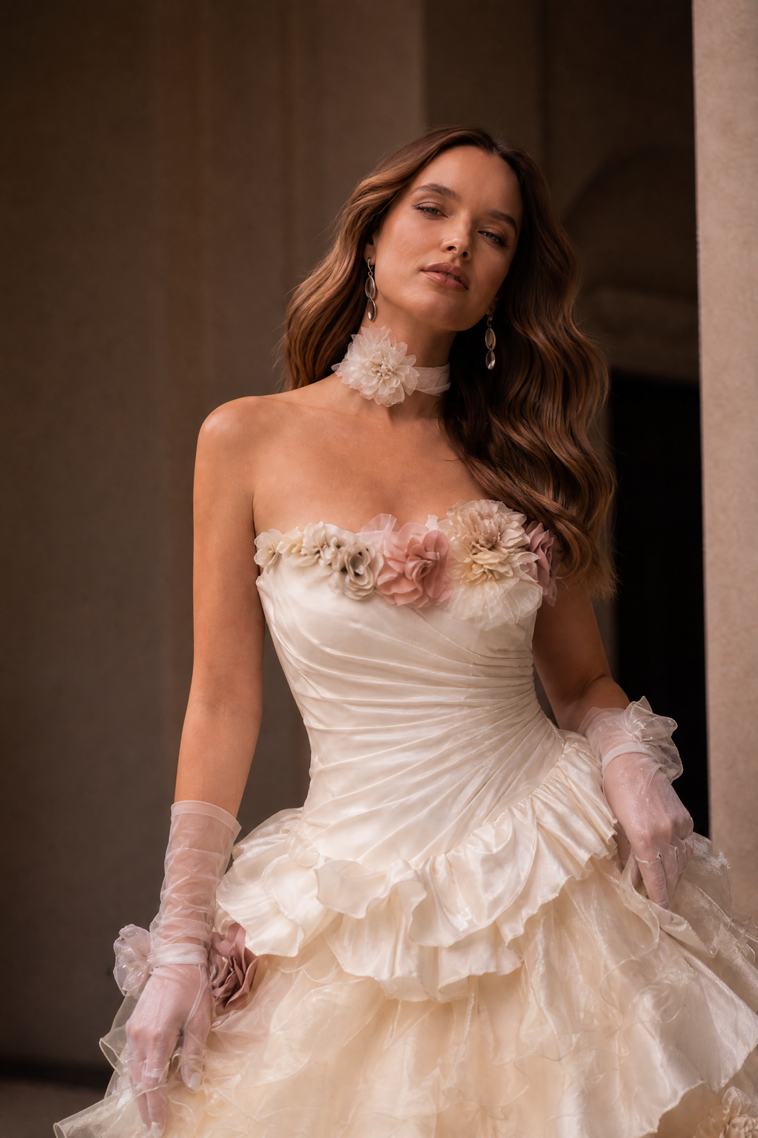 Champagne Tulle Evening Dress with Floral Appliqué and Layered Ruffle Ball Gown Plus Size