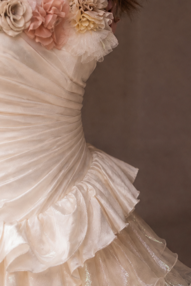 Champagne Tulle Evening Dress with Floral Appliqué and Layered Ruffle Ball Gown Plus Size