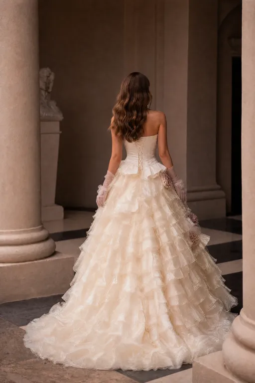 Champagne Tulle Evening Dress with Floral Appliqué and Layered Ruffle Ball Gown Plus Size