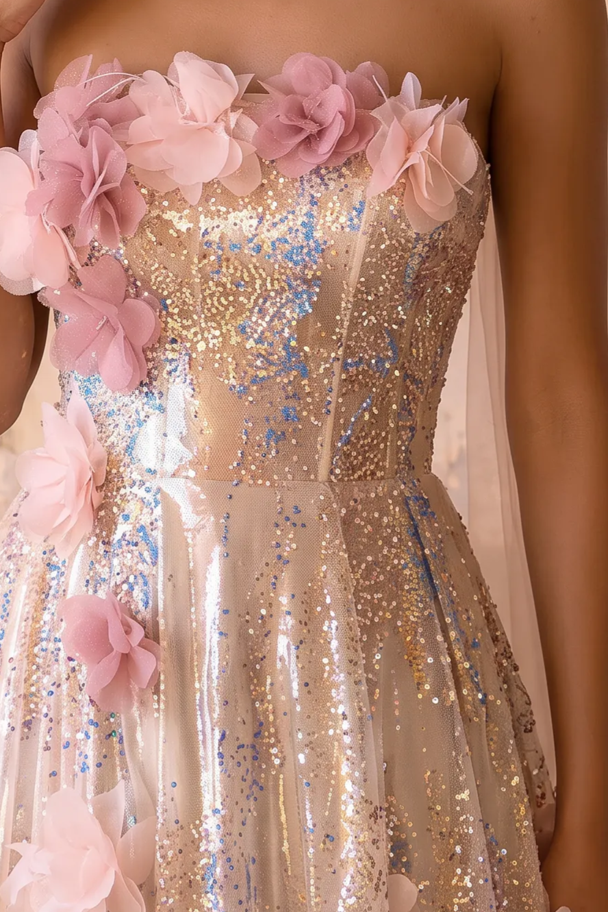 Champagne Wedding Dress Sequin Floral Embellished Strapless A-Line Gown with Tulle Draping Plus Size