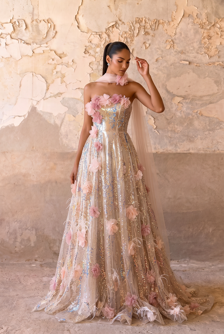 Champagne Wedding Dress Sequin Floral Embellished Strapless A-Line Gown with Tulle Draping Plus Size