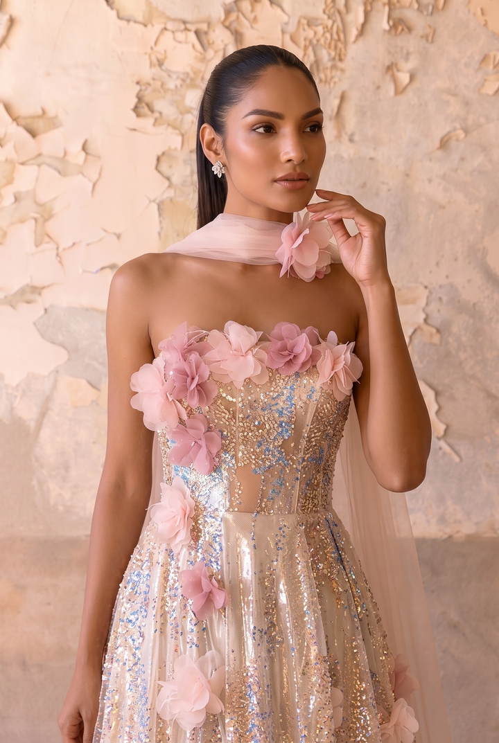 Champagne Wedding Dress Sequin Floral Embellished Strapless A-Line Gown with Tulle Draping Plus Size