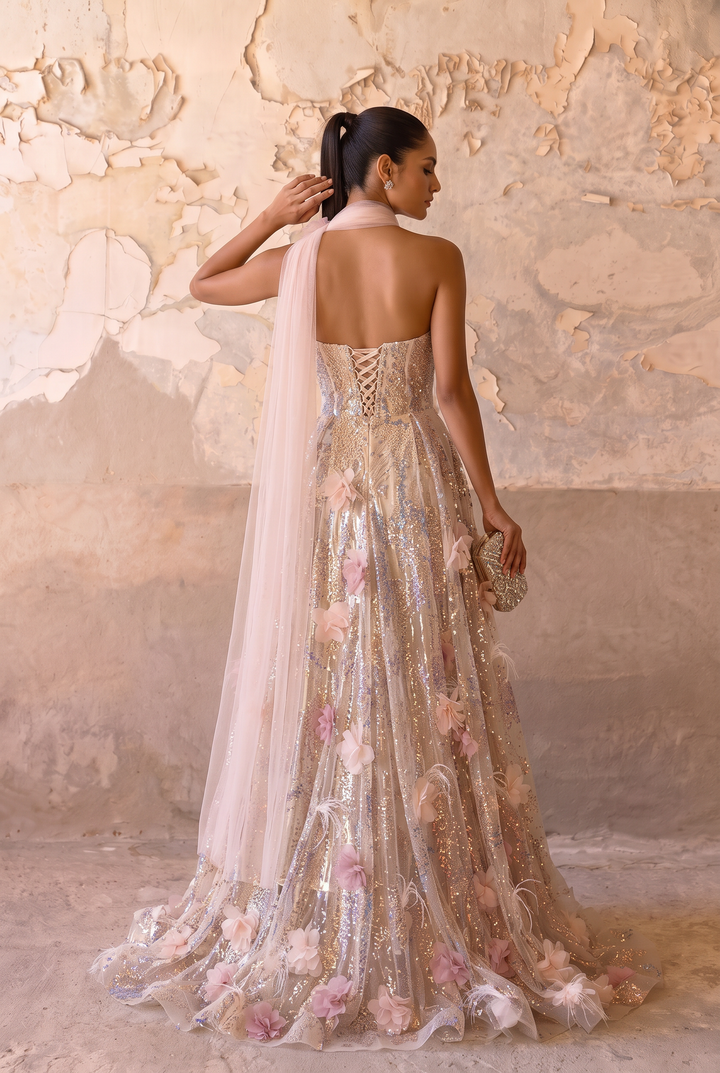 Champagne Wedding Dress Sequin Floral Embellished Strapless A-Line Gown with Tulle Draping Plus Size